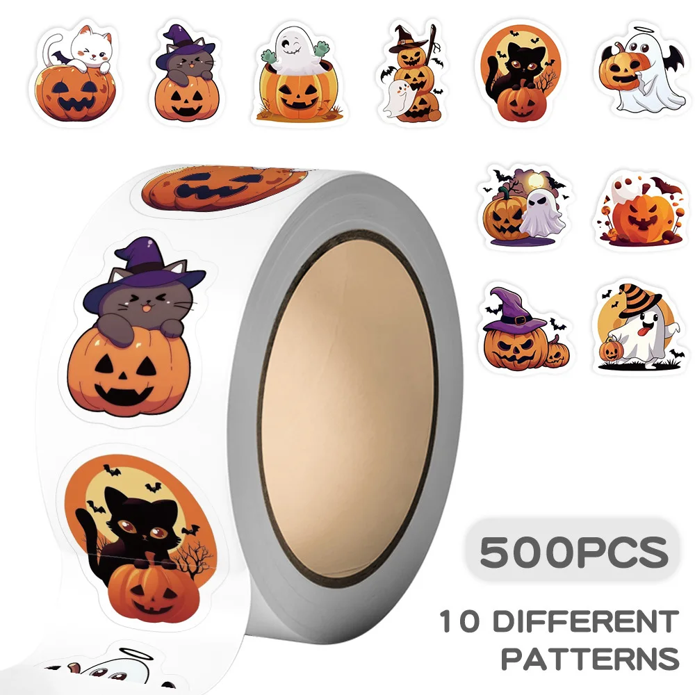 500pcs/Roll Halloween Seal Label Stickers Cute Cat Pumpkin Ghost Graffiti Sticker DIY Phone Guitar Funny Cartoon Decals for Gift