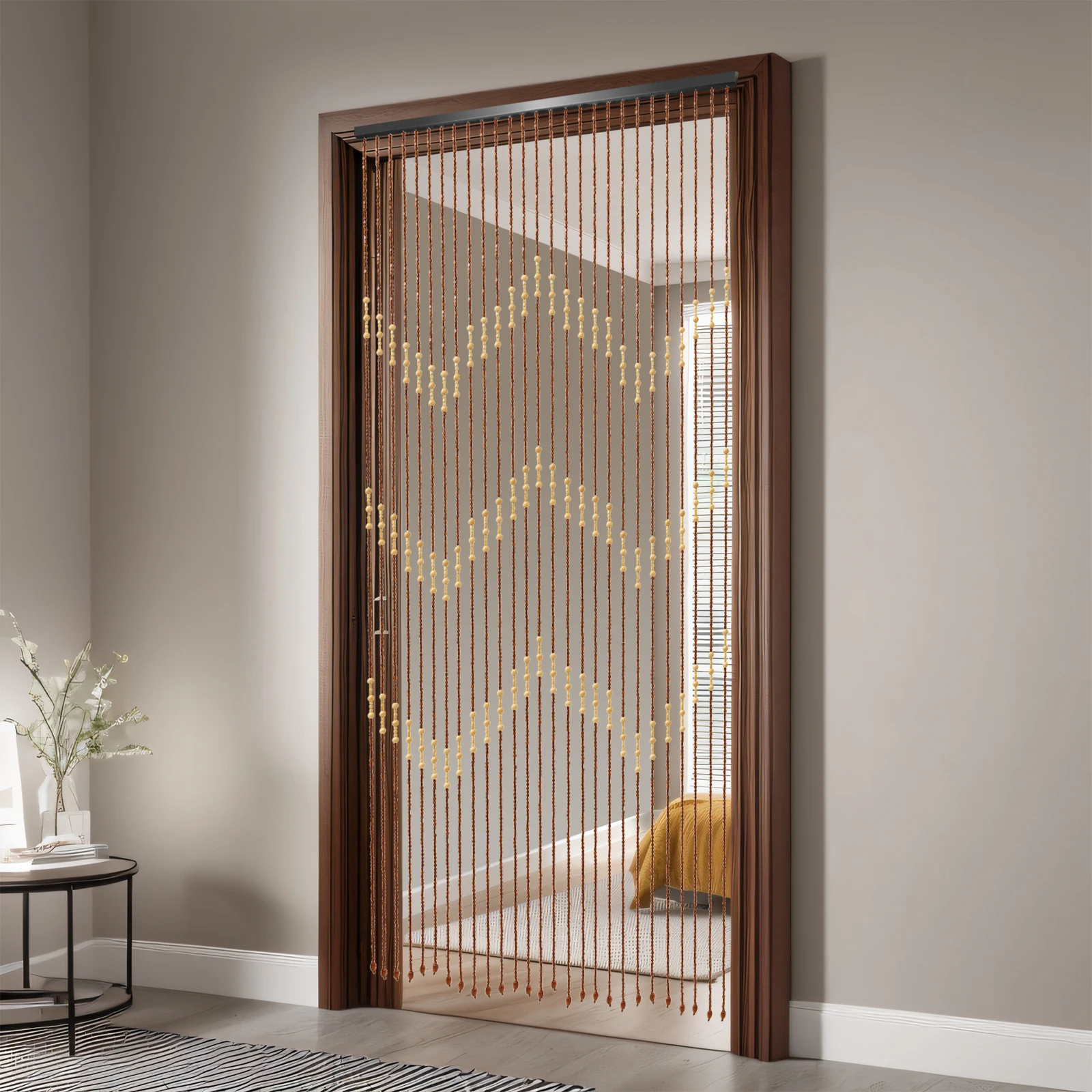 Cortina de Cuentas de Madera Natural y Bambú, Cortina de Malla para Puerta, para Baño, Dormitorio, Porche, Cortina Decorativa Vintage para Privacidad