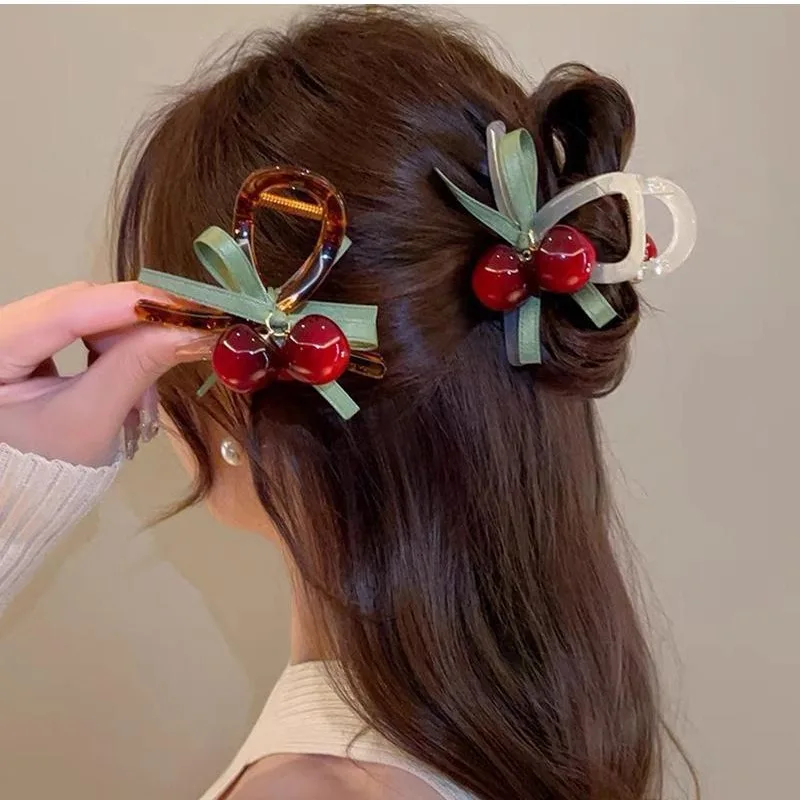 Cute small cherry hair claw clips ribbon hairpins fashion headwear hair accessories women ornament headdress