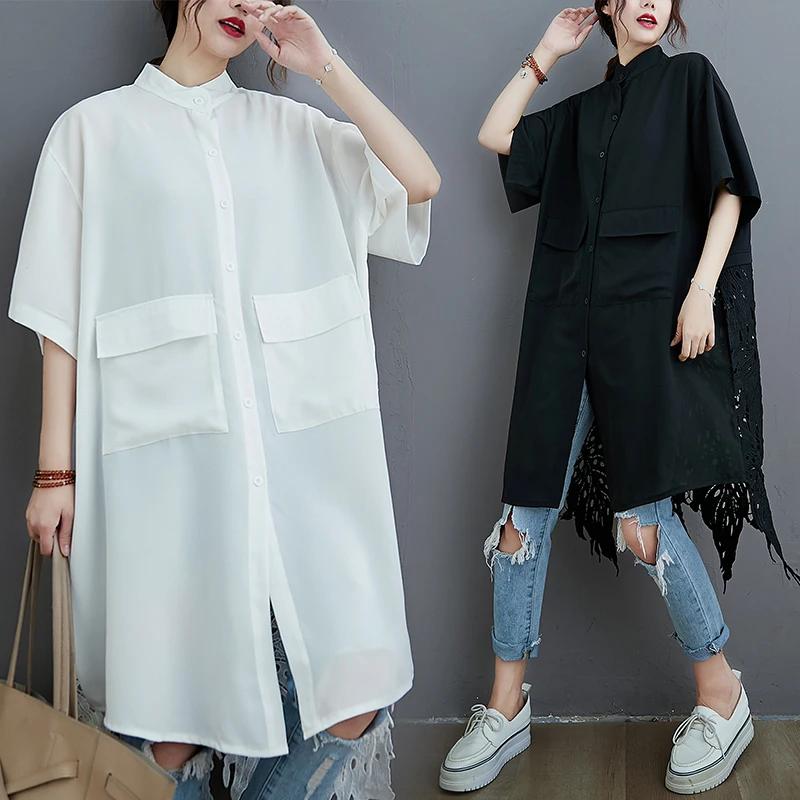 Tannt Women Shirt Asymmetry Lace Patchwork Long Oversize Blouse Tops Irregular Hollow Out Black White Shirt Women 2024 New