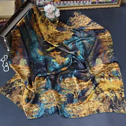 BirdTree 100% Real Silk Scarf, Golden Retro Print, Women's Gift Elegant Kerchief, 2024 Spring Satin Fashion Shawl A41521QM