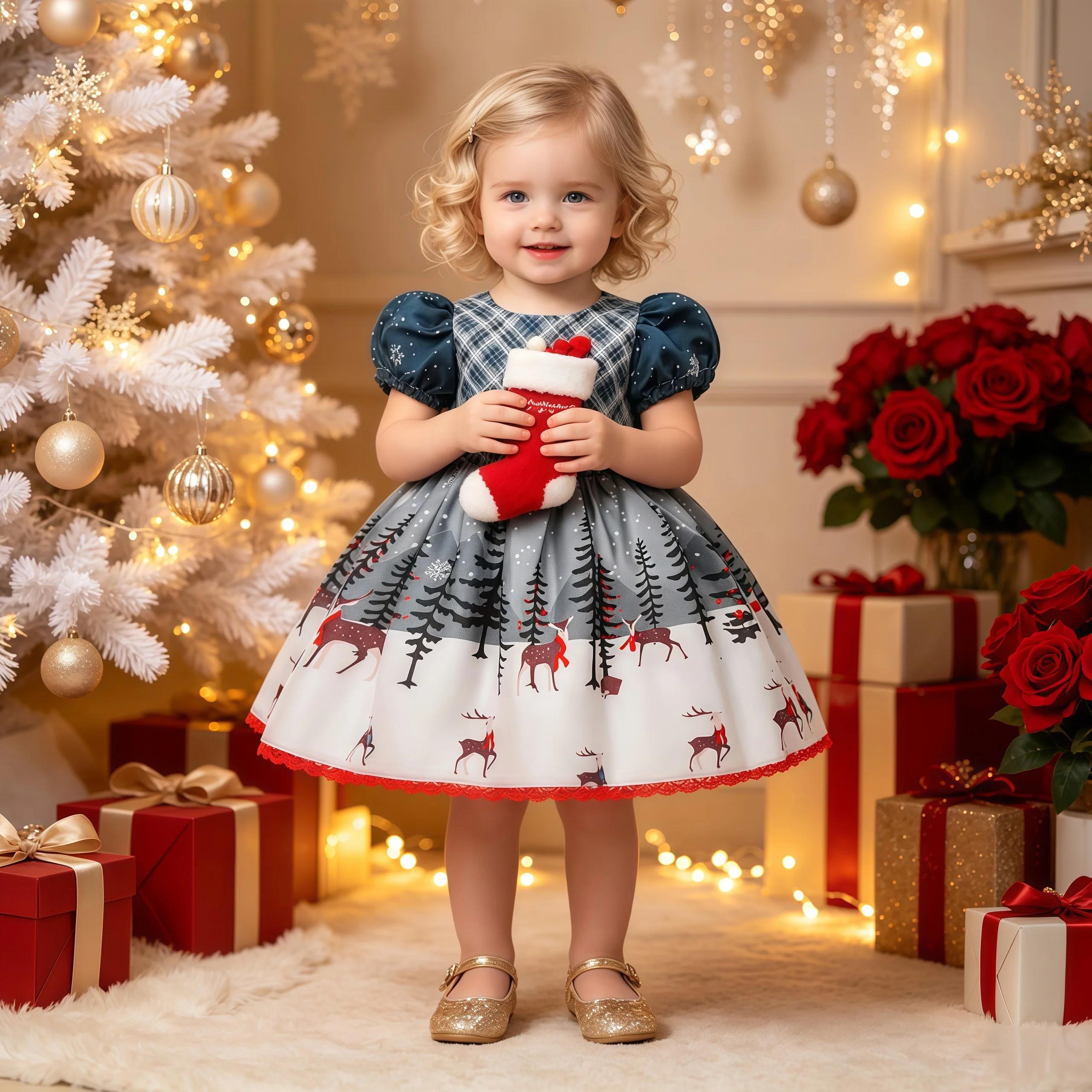 Toddler Christmas Deer Tree Party Baby Girls Dress Carnival Halloween Costume Baptism Wedding 1st Birthday Bridesmaid Girl Dress