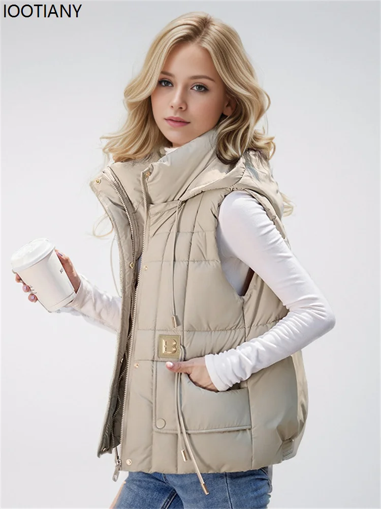 

2024 Winter New Cropped Down Cotton Vest Women's Coats Stylish Solid Colors Hooded For Warmth Casual And Comfortable Jacket