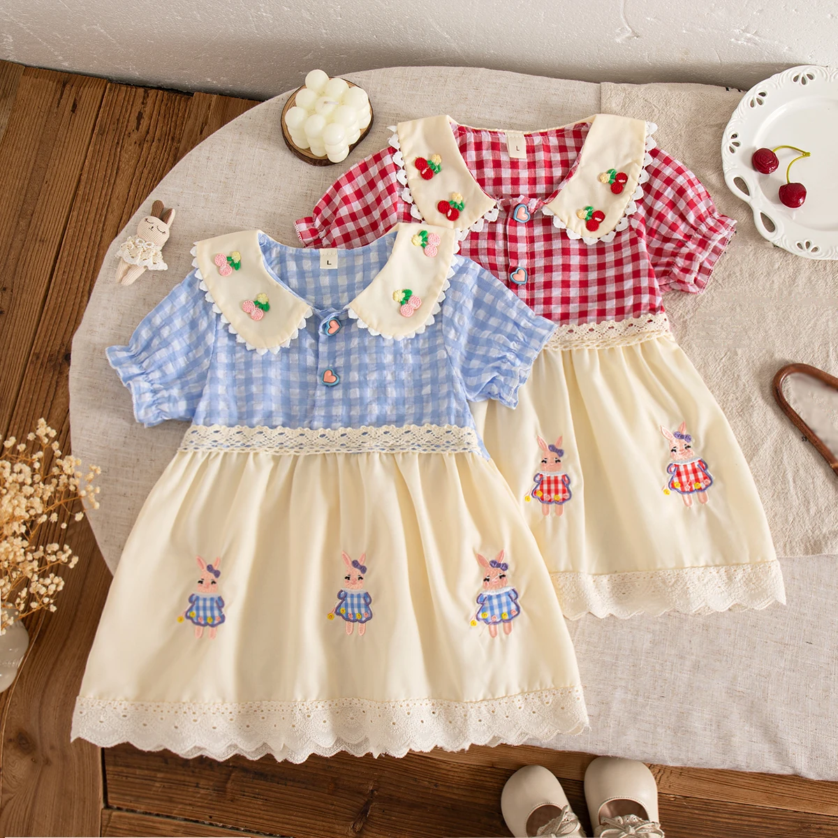 

Baby Girl Dress Summer Cotton Checkered Cartoon Bubble Sleeves Baby Dresses Sweet And Cute Princess Dress Baby Clothing