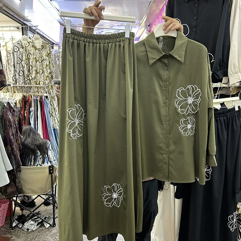 Camisa holgada de manga larga bordada de diseño europeo + falda con cintura elástica conjunto de dos piezas-GZTZ011