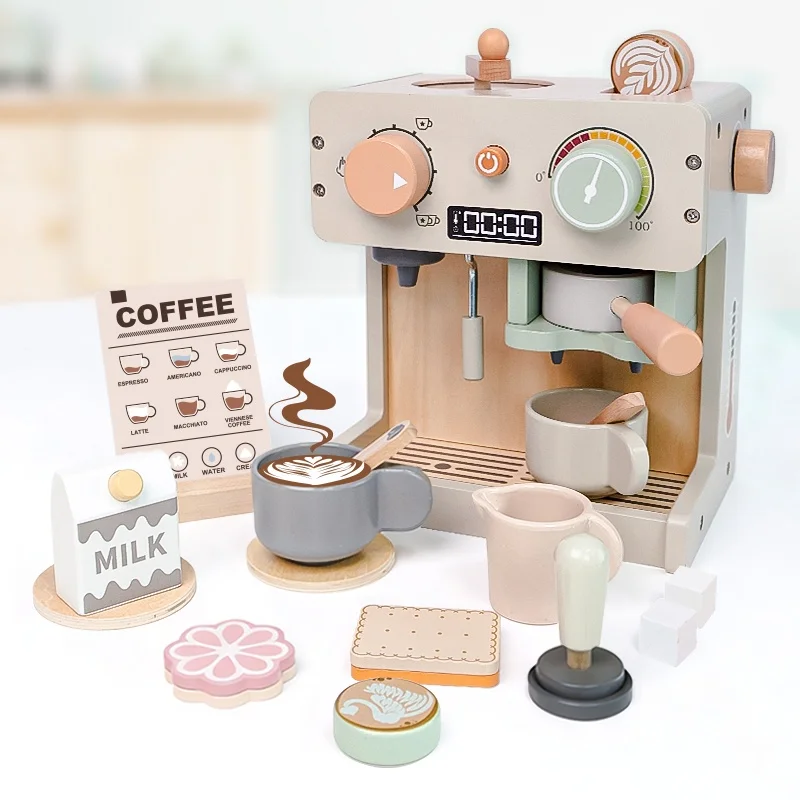Wooden Kitchen Toy Pretend Play Food Set Dessert Bread Coffee Machine Toys For Girls Boys Role Play Afternoon Tea Game