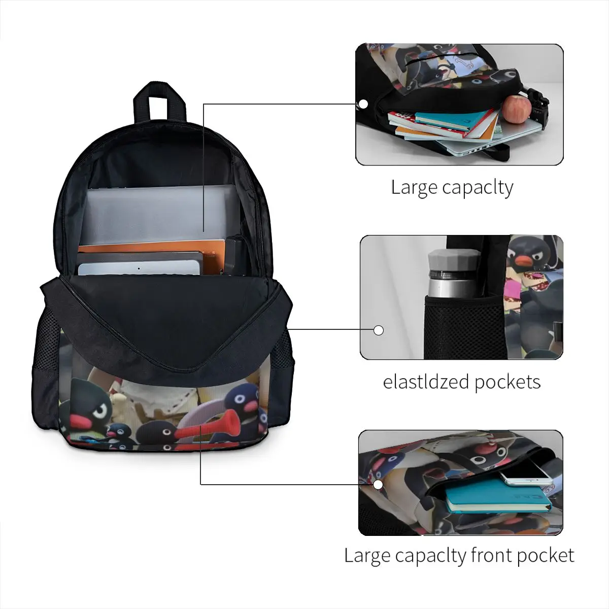 Pingu Penguin Cute Animal Anime Women Backpack Mochila Student School Bag Laptop Mochila Boys Girls Waterproof Shoulder Bag