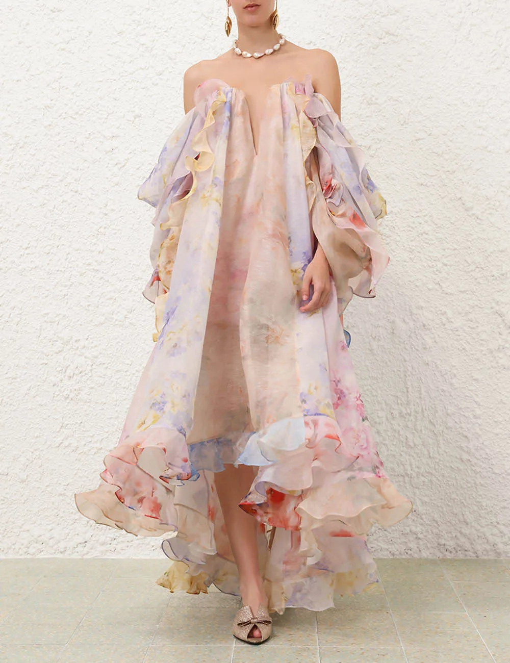 Zimm Silk Linen Long Printing Women Dress Off Shoulder Summer High Quality Runway Designer