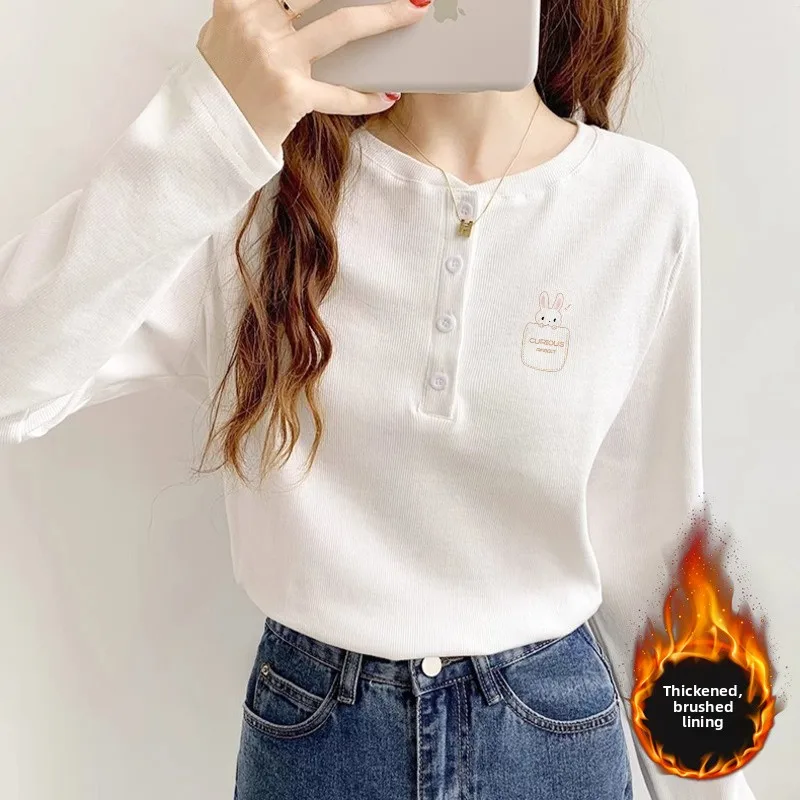 T-shirt Long en coton pour femmes, flanelle, Base de boutons chaude, irt, pour les déplacements, taille haute, rond, Anti-saleté