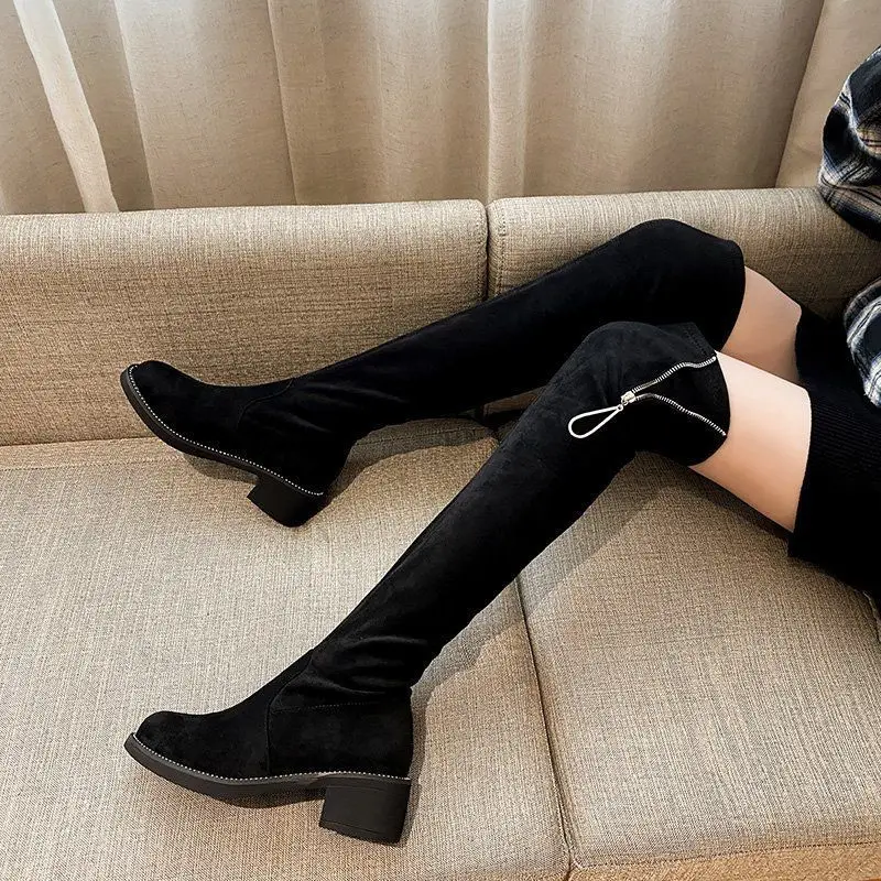 Footwear Thigh High Middle Heel Ladies Boots Above Over The Knee Shoes for Women Rhinestone Elastic Sale New Rock Y2k Quality Pu