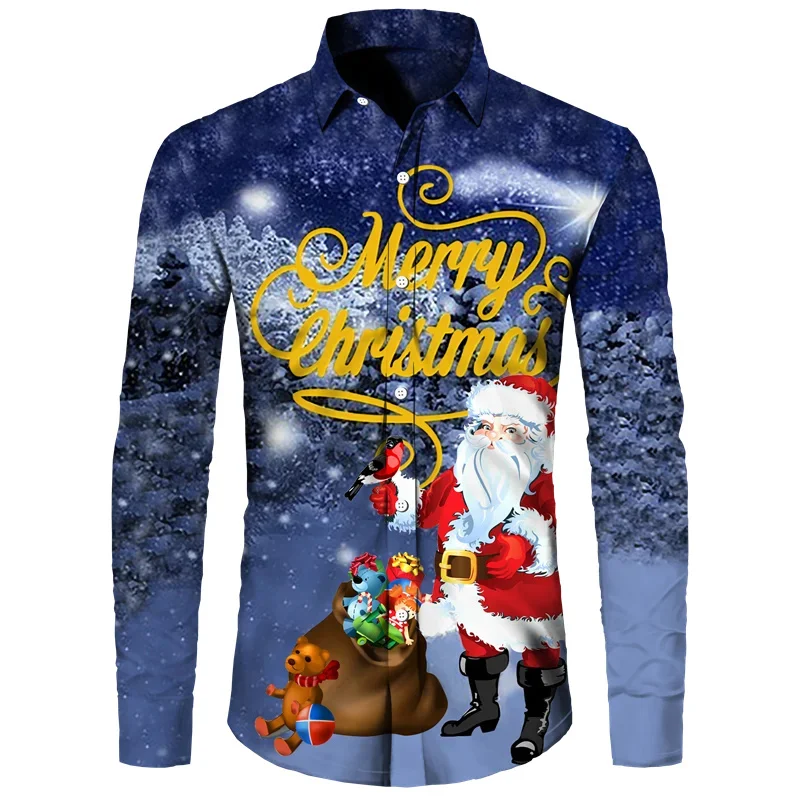 Christmas 3D Printed Santa Claus Shirt Men\'s Autumn Long Sleeve Shirt Winter Men\'s Funny Shirt New Year\'s Gift Extra Large 6XL