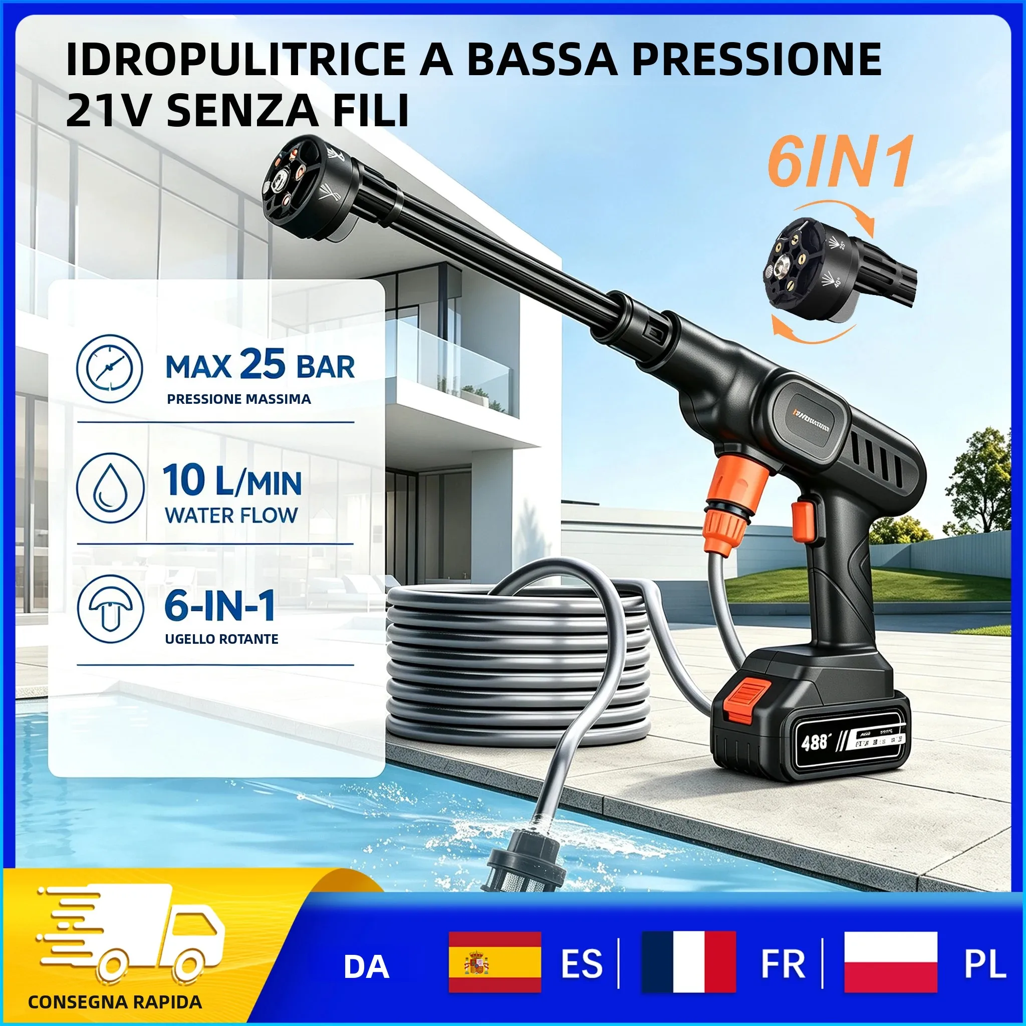 Idropulitrice 6 in 1 ad Alta Pressione 25 Bar, Pistola ad Acqua per Auto e Giardino, Compatibile con Batteria Makita, con Tubo da 5M