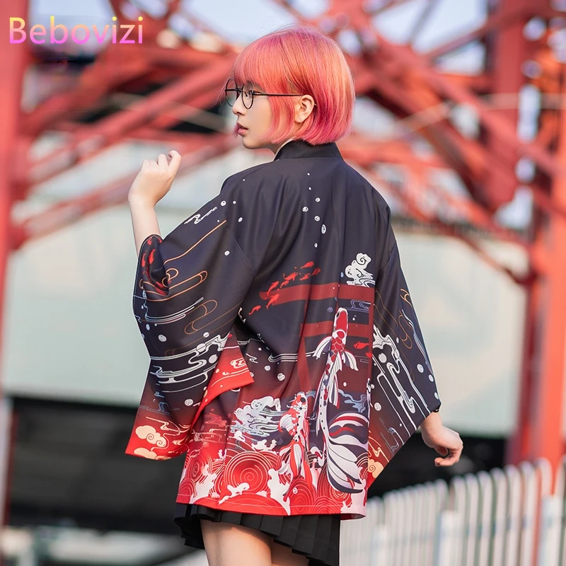 2021 New Summer Carp Printing Loose Japanese Streetwear Cardigan Women Men Harajuku Haori Kimono Cosplay Blouse Top Yukata