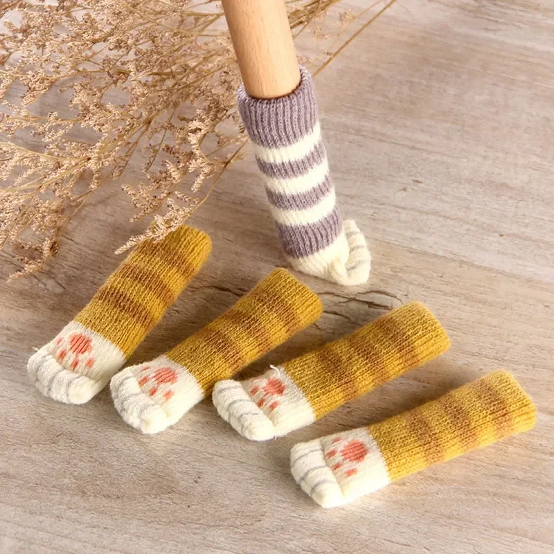 4Pcs Cute Cat Paw Table Foot Socks Chair Leg Covers Floor Protectors Non-Slip Knitting Socks For Furniture Leg Cover Home Decor