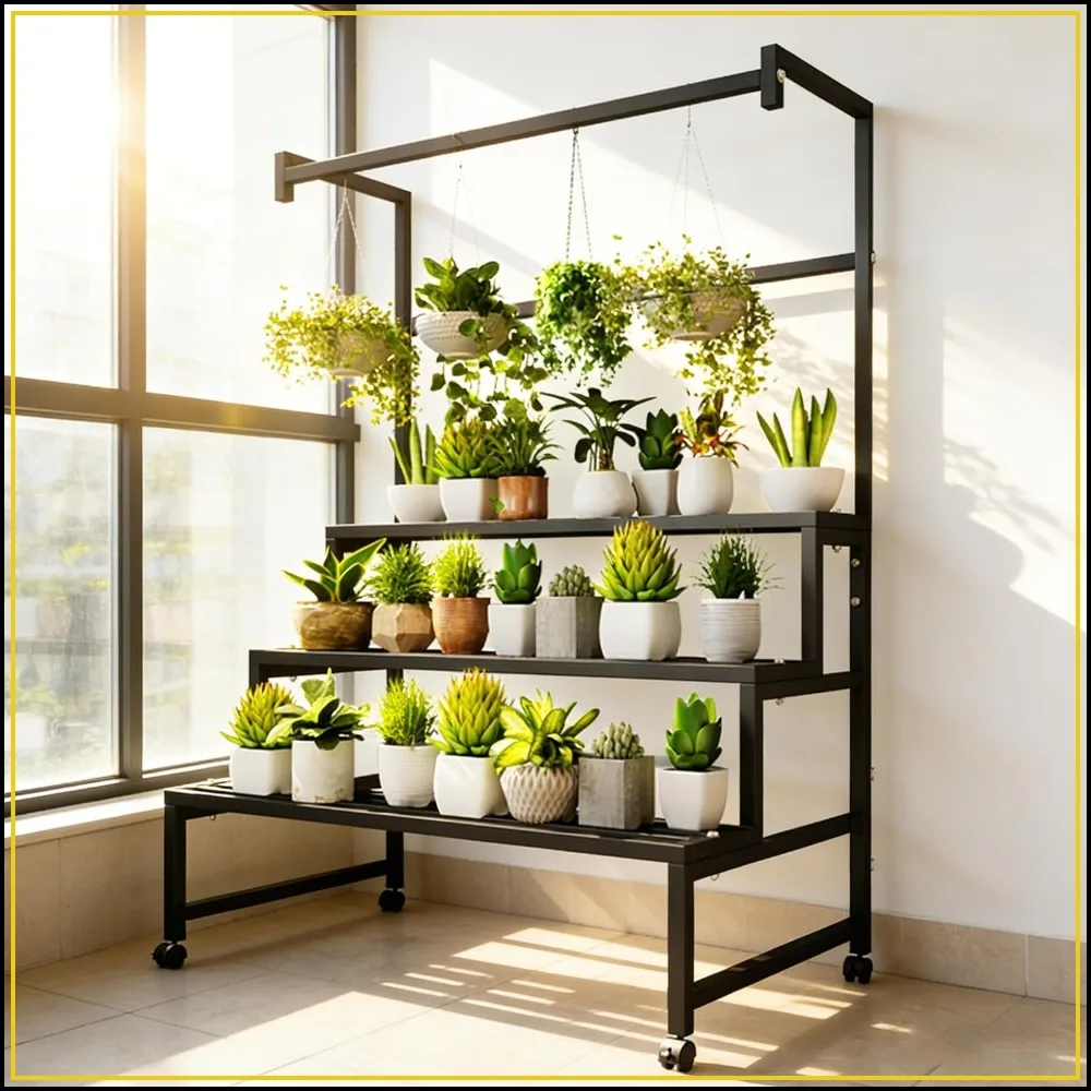 4-Tier Metal Plant Stand with Wheels, 31x24x65in, Heavy Duty, 440LBS Capacity, Black