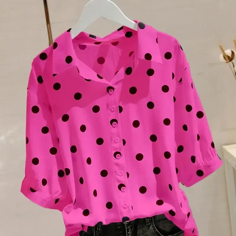 Fashion Printed Lapel Button Loose Polka Dot Blouse Female Clothing 2024 Summer New Oversized Casual Pullovers Office Lady D97