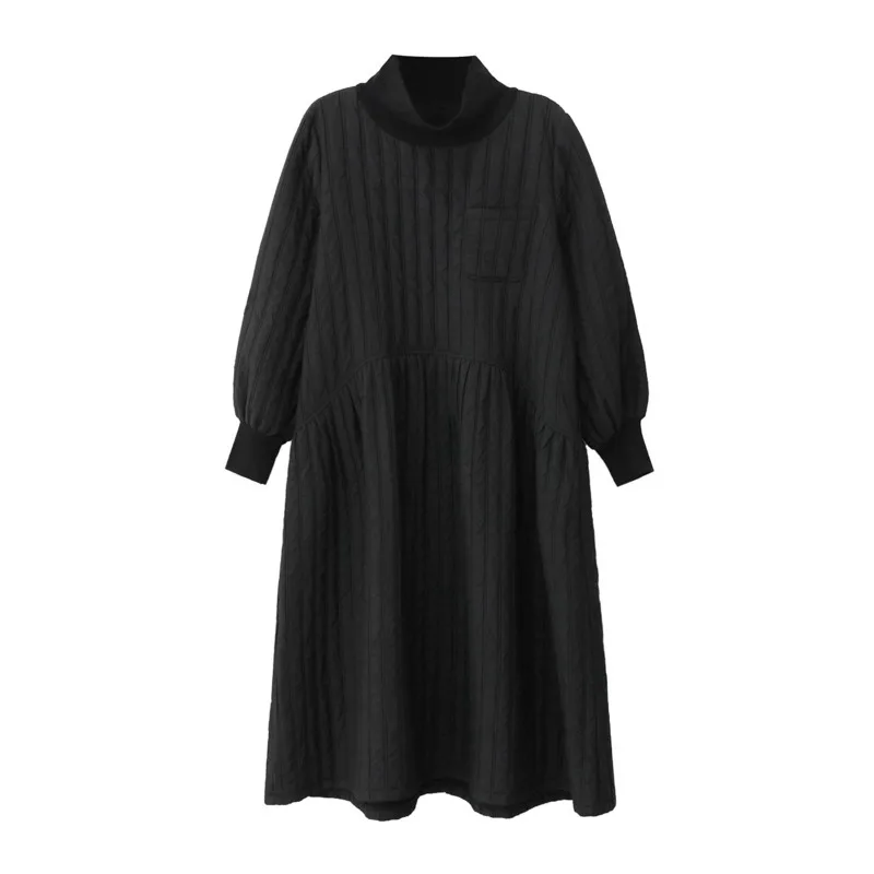 HKSH Herbst Winter Neue Frauen Verdicken Kleid Rollkragen Langarm Drapierte A-line Elegante Casual Ins Baumwolle gefütterte Kleider HK16647
