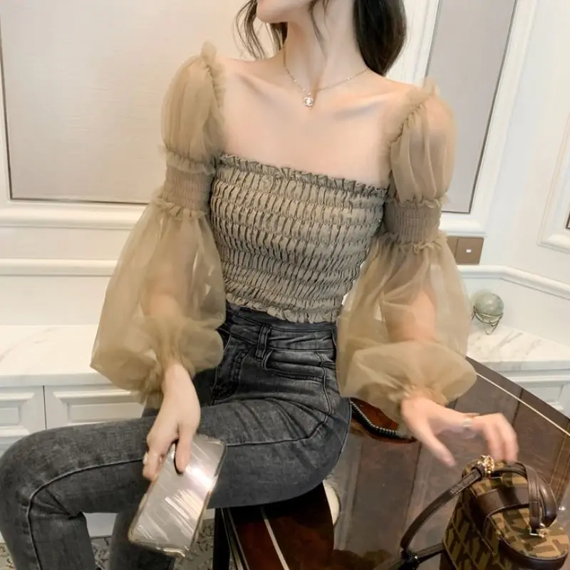 

One Shoulder Heart Machine Exposed Collarbone Shirt Women's New Style Western-style Small Shirt Short Mesh Lantern Sleeve Top