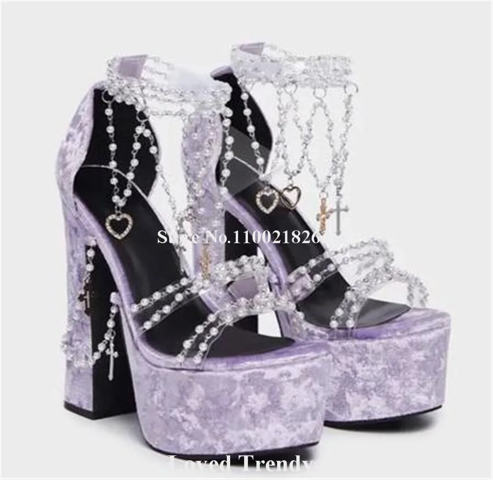 Blue Purple Pink Velvet Pearls Chains Chunky Heel Sandals Open Toe PVC Patchwork High Platform Beaded Thick Heel Wedding Heels