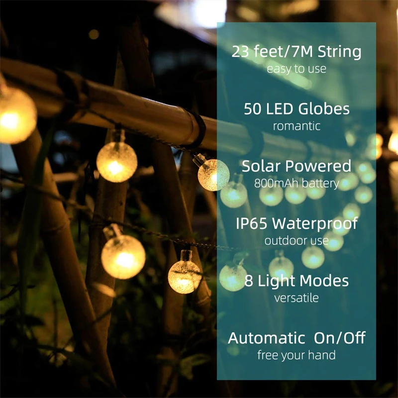 60 LED Solar String Lights Outdoor Waterproof Crystall Globe Lights 8 Lighting Modes for Garden Yard Porch Wedding Party Decor