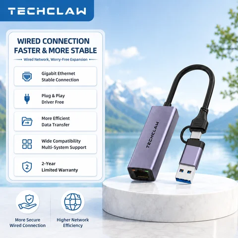 TECHCLAW USB 3.0 to Gigabit Ethernet Adapter USB-A & USB-C to RJ45 Network Adapter, 1Gbps Wired LAN Adapter