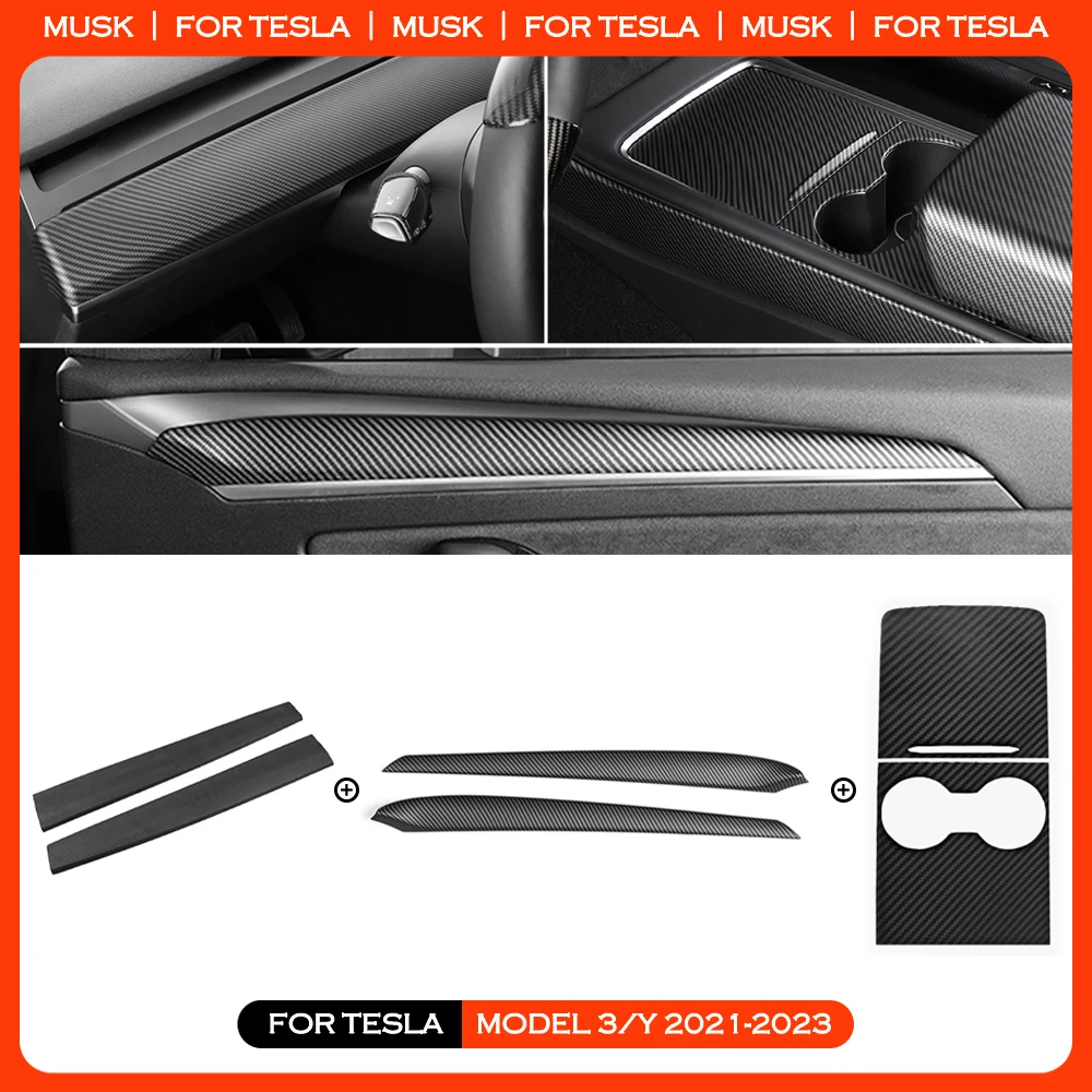 Carbon Fiber ABS Dashboard Cover For Tesla Model 3 Y Car Door Trim Center Console Stickers 2017-2023 Auto Accessories