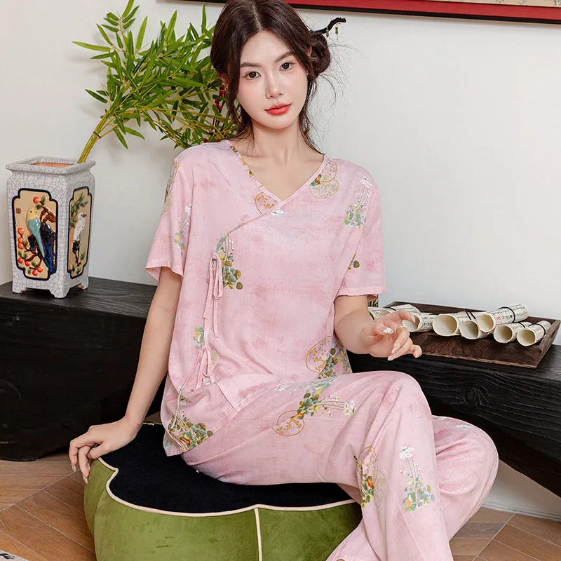 Cotton Silk Homewear Outfit Satin Pajama Sets Ensembles 2 Piece Pants Trouser Ruffled Lady Outfit Lounge Women Pijama Sleepwear