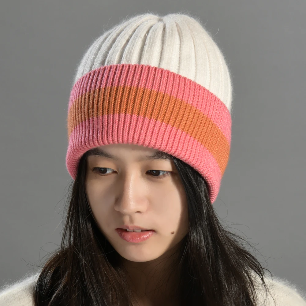 Jaxmonoy 2025 Winter Warm Beanie Hat Women Cashmere Wool Blend Knitted Hat Fashion Striped Folded Edge Skullies Special Offer