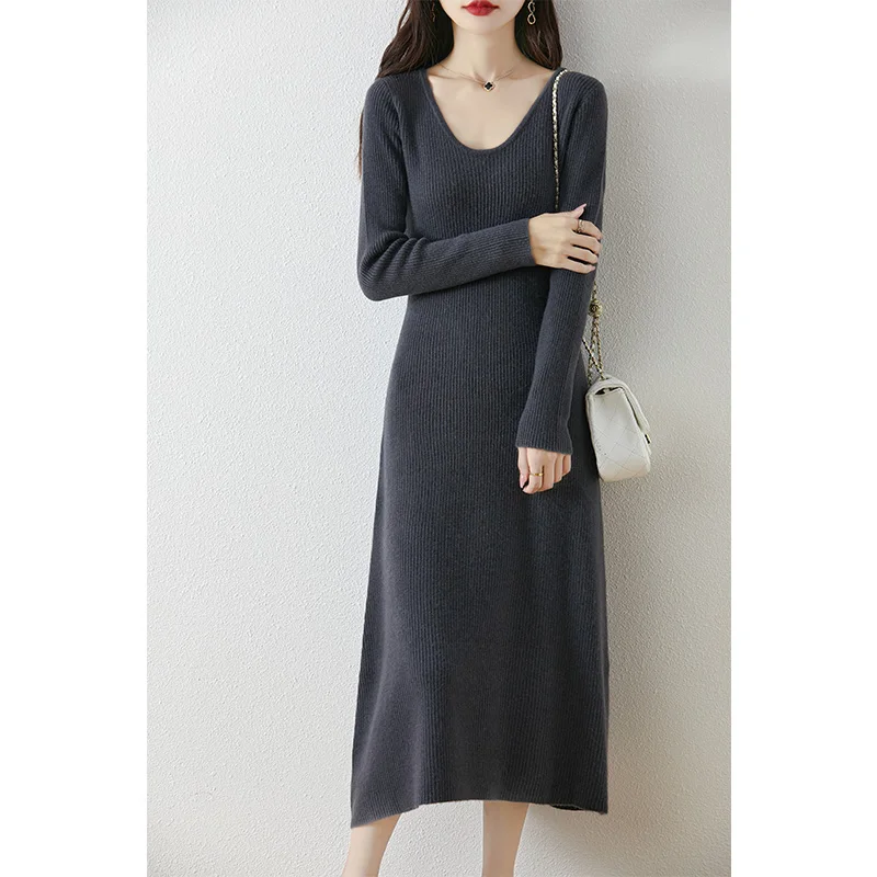 VU Collar Slim Fit 100% Merino Wool Women\'s AutumnWinter New Style Long Sleeved Warm Solid Color Pullover Fashionable Knit Dress