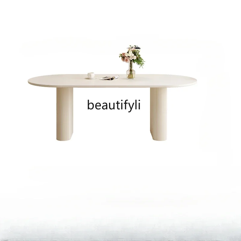 Cream wind rock slab dining table Modern simple light luxury high-end household small apartment French oval white dining table