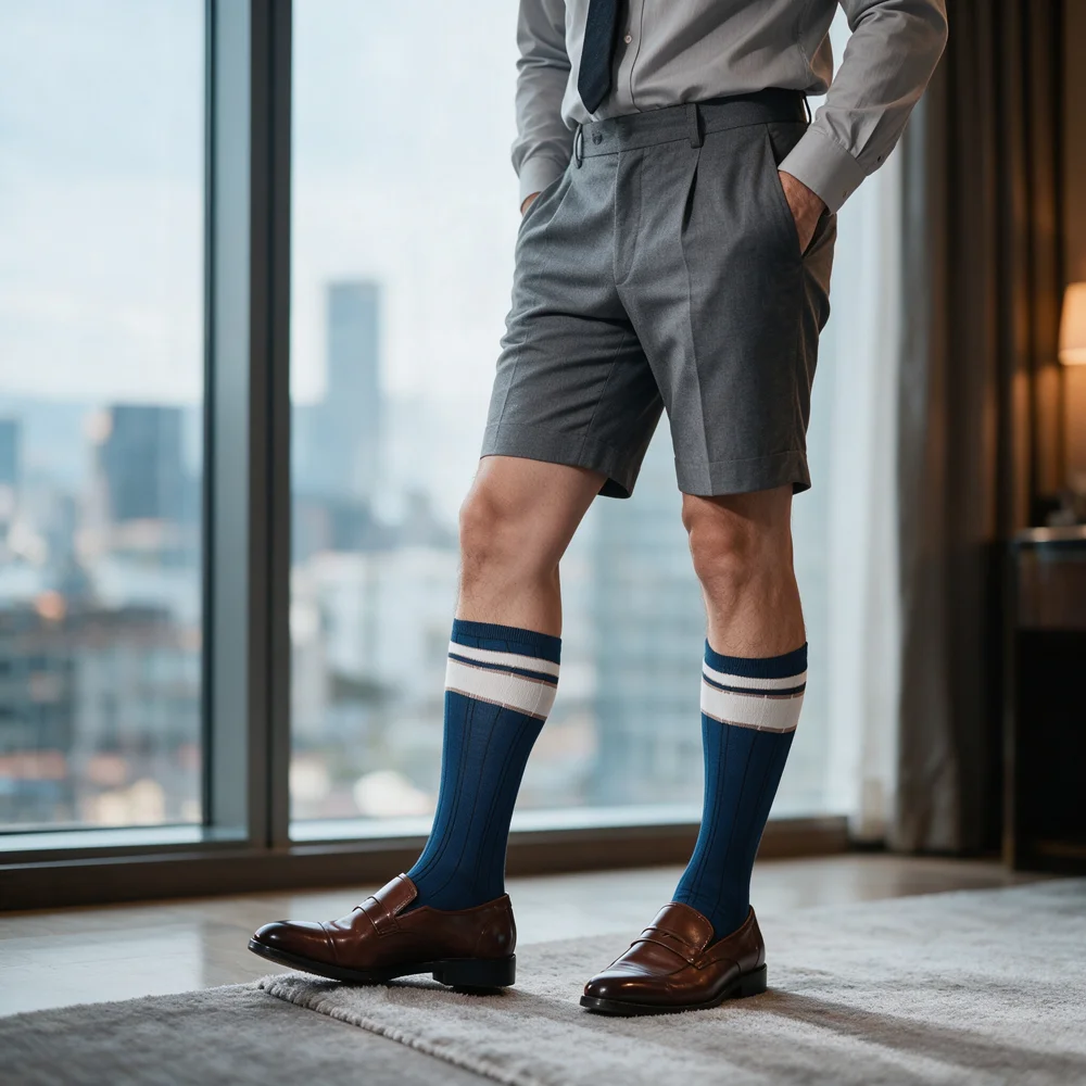 Calcetines de vestir vintage a rayas para hombre, azul marino, con diseño de canalé vertical, hasta la rodilla, de algodón, formales, estilo preppy.