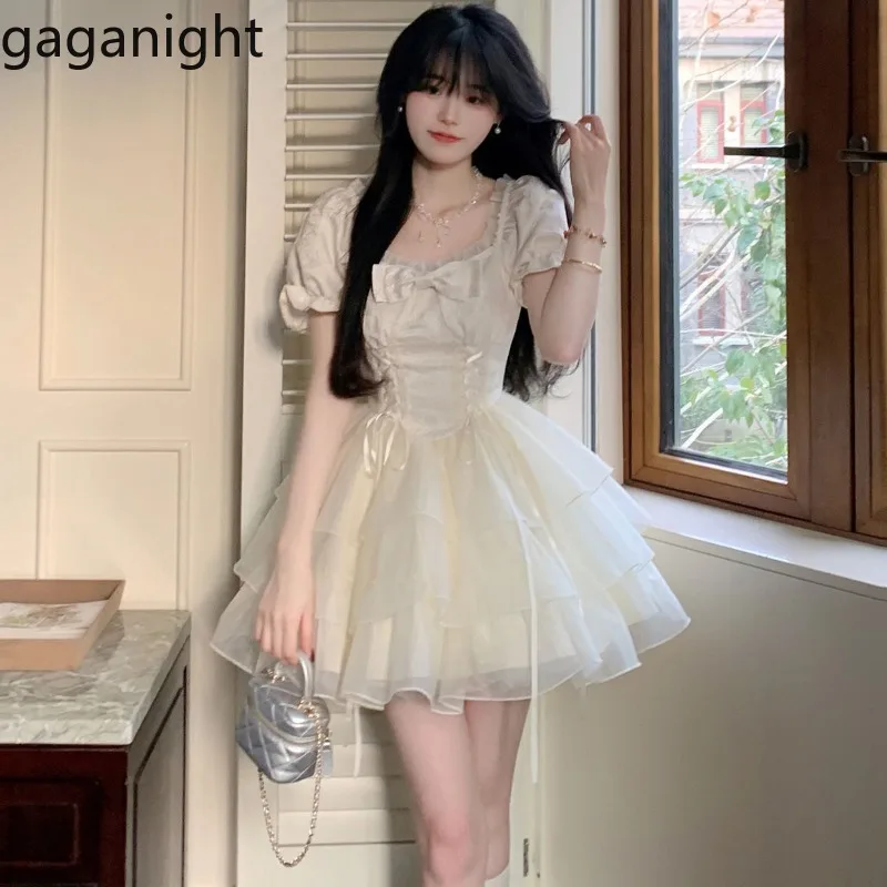 

Gaganight Woman Dress Sweet Elegant Bow Square Collar Puff Sleeve Ribbon Bandage Mesh Patchwork Princess Party Mini Dresses