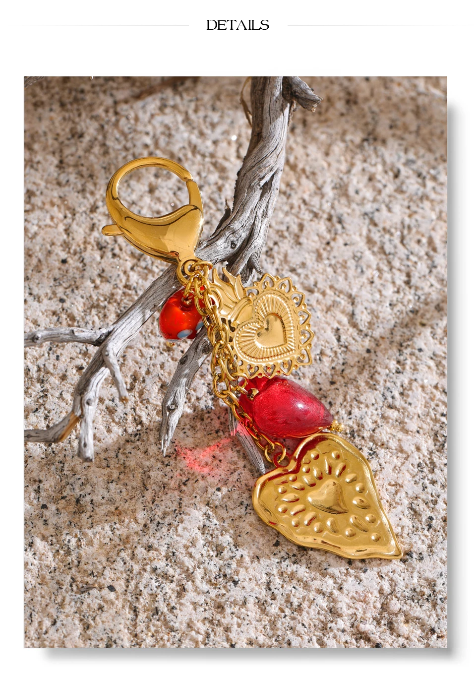 Yhpup Süßer Romantischer Roter Keramik-Glas-Herzanhänger Schlüsselanhänger 18K Vergoldeter Edelstahl Sommer-Rucksack Exklusiver Schlüsselring – Detail 7
