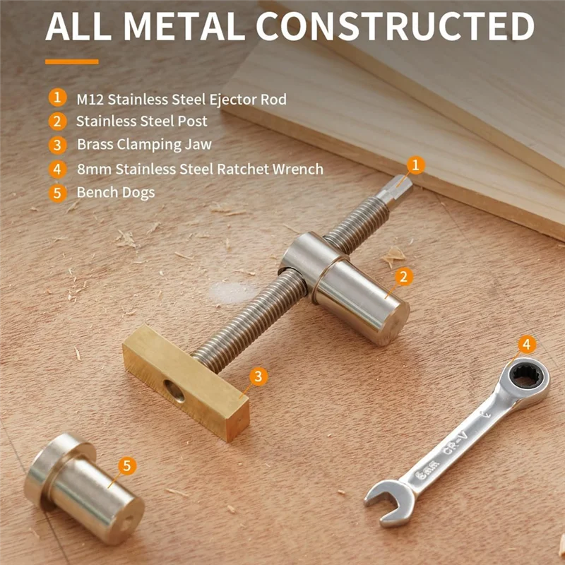 ABSE-2Pack Silver Bench Dog Clamp With 4 Pack Bench Dog Stainless Steel Brass Woodworking Tools 19Mm