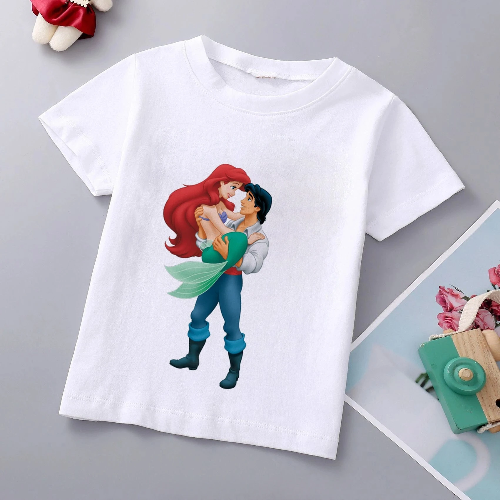 Disney Brand Girls Mermaid Princess Print Cotton T Shirt Ariel Princess Clothes Children Cartoon Top1-9Years Kids Birthday Gift