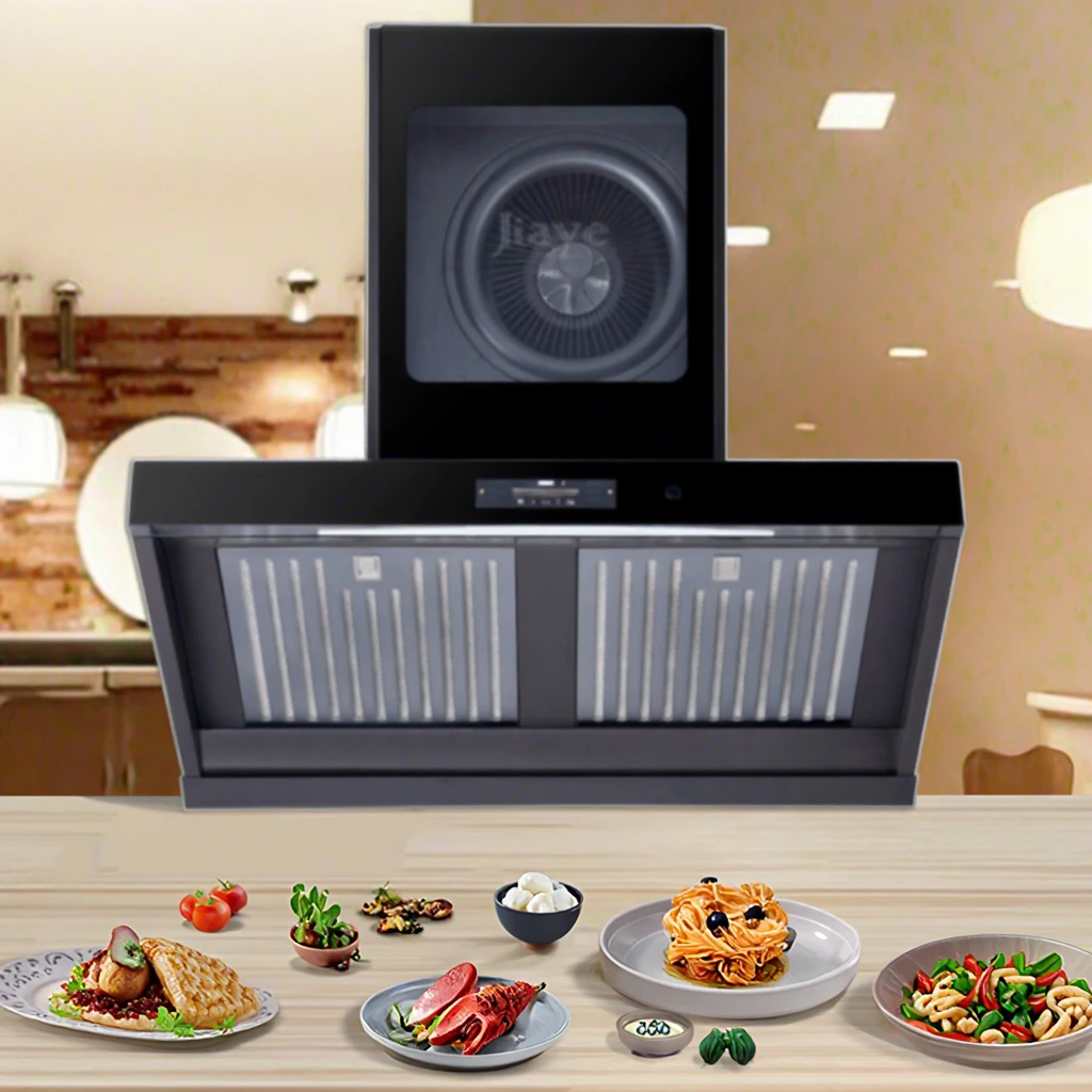 Smart Voice-controlled Touch Screen Range Hood with English Interface, Suitable for Home Kitchens, Wall-mounted Design.