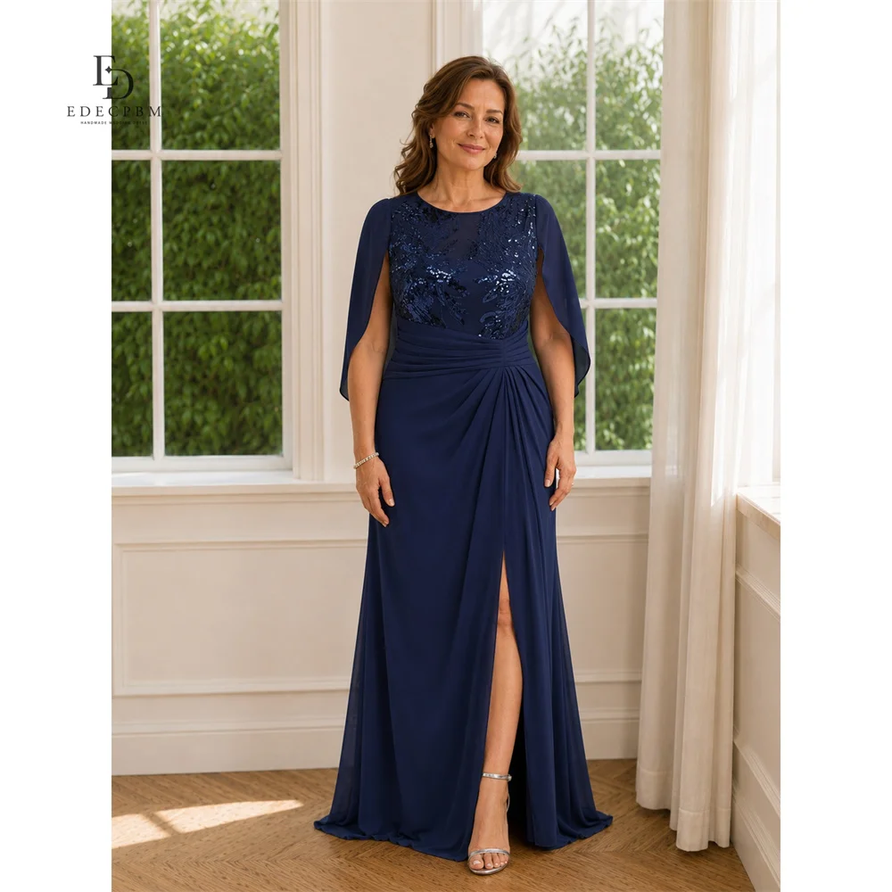 

EDECPBM Chiffon O-Neck Navy A-Line Mother Of The Bride Gown Sheer Cape Half Sleeve Sequin Bodice Wedding Party Customized