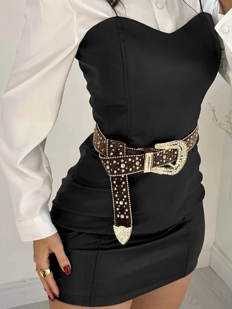 

Casual Women Long Sleeve Commute Outfits Elegant High Waist Slim Two Piece Set Fashion Color Blocked PU Leather Dress&Shirts Set