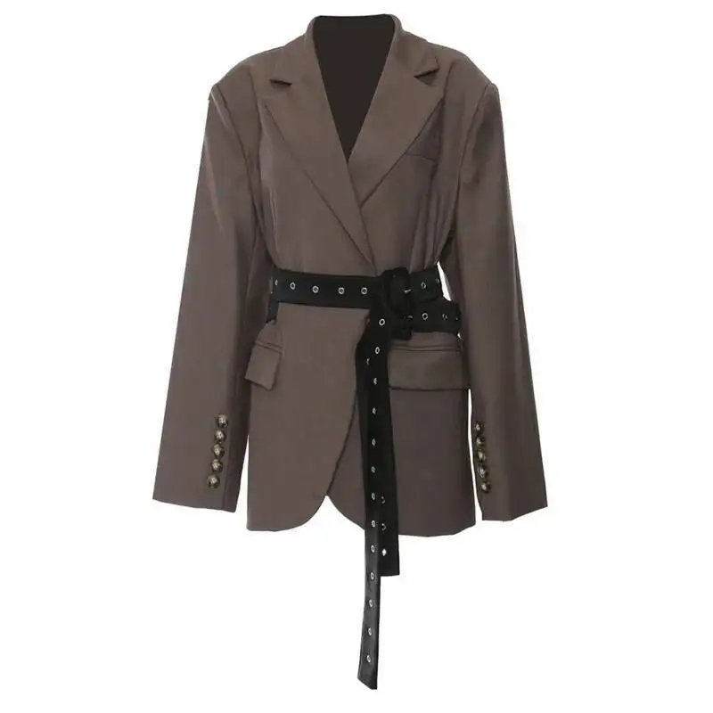 

[Vibe] Женский коричневый элегантный пиджак большого размера с поясом на пуговицах сзади, новая куртка с длинными рукавами и лацканами, модная весна-осень 2025