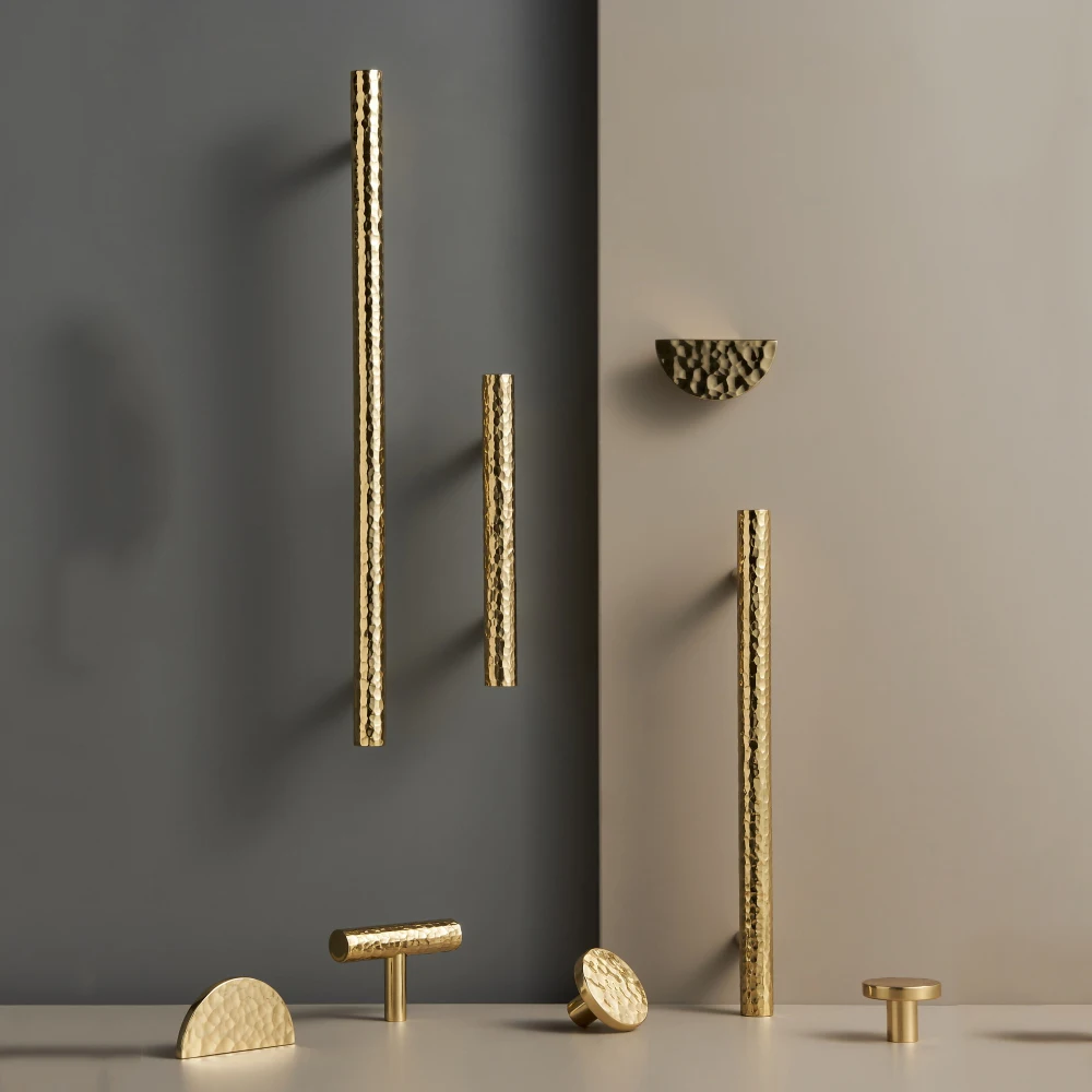 Solid Brass Hammer Pattern Cabinet Handle Handmade Knocking Pattern Round Half Round Long T-shaped Knobs