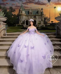 Lilac Lavender Princess Fairytale Quinceanera Dresses Custom Off Shoulder Butterfly Applique Corset vestido de debutante 15 anos