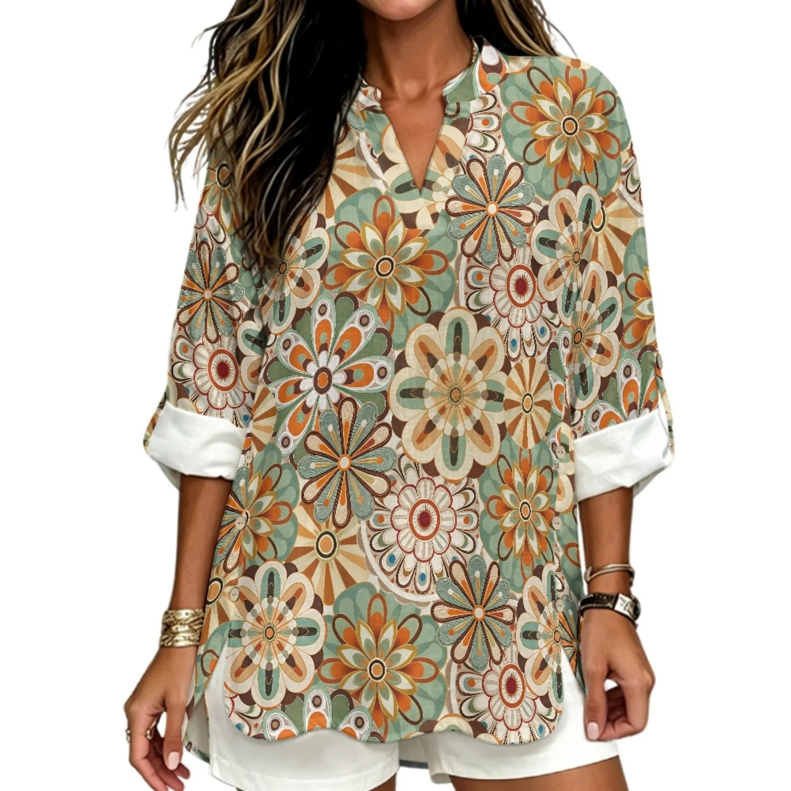 PENSTROLL Floral Pattern Rolled Sleeve Long Sleeve Blouse for Women Linen Style Women's Long Sleeve Tops Tunic Tops