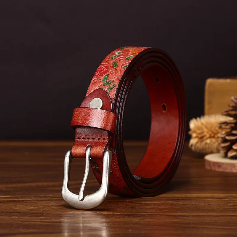Italian Retro Trend Women's Decorative Thin Waistband Multi Layer Leather Belt With Colorful Engraved Patterns For Women