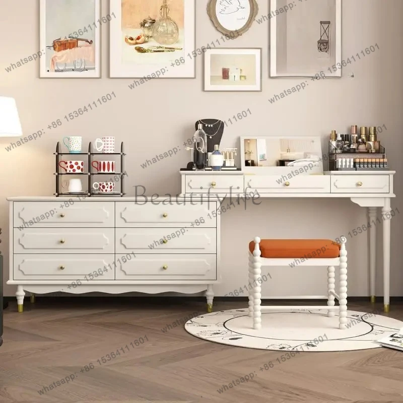 

Cream chest dresser integrated American medieval solid wood dresser end corner retractable makeup table