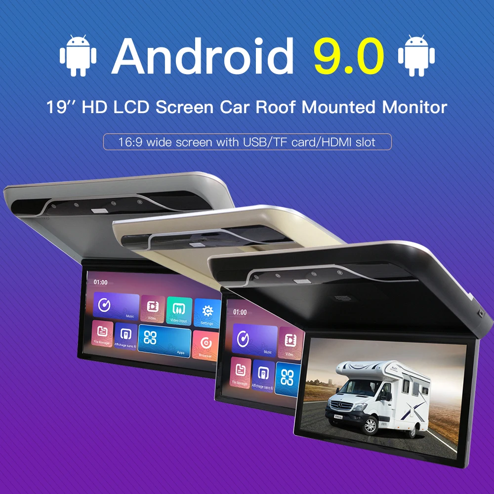 Pantalla IPS Digital de 19 pulgadas para montaje en techo de coche, pantalla LCD abatible hacia abajo, vídeo Multimedia superior, Android