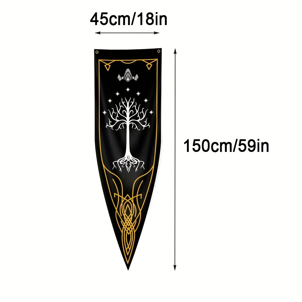 VIKAMA Elfenring-Flagge von Gondor, schwarze und goldene Mauern im mittelalterlichen Stil mit an den Wänden hängenden Flaggen, Heimtextilien – Detail 4
