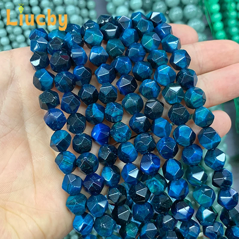 Real Natural Stone Faceted sapphire blue Tiger Eye Stone Beads For jewelry making supplies gift DIY chains 15