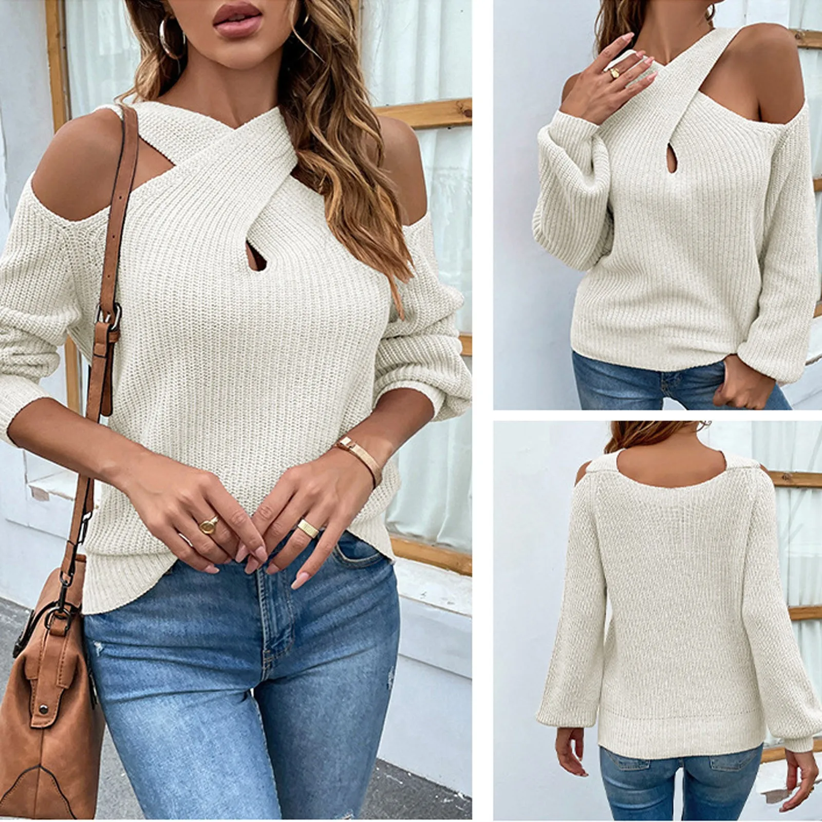 Women\'s autumn and winter solid color cross neck Leaky Shoulder hanging shoulder lantern sleeve knitted sweater Pullovers Winter