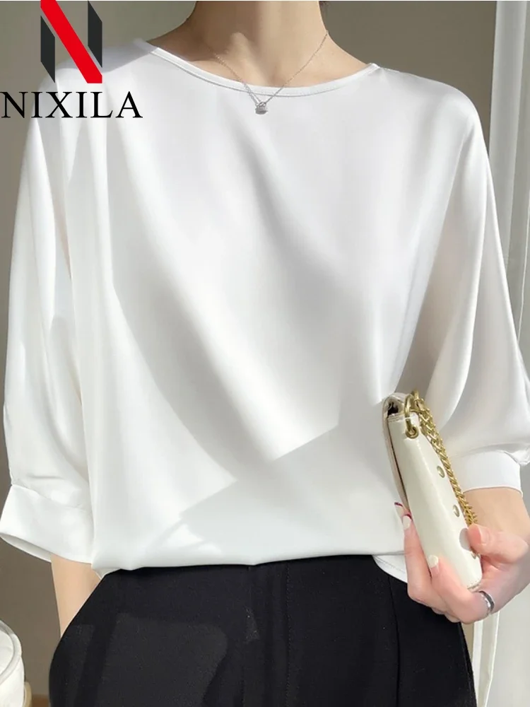 New Summer Oversized T Shirt Women\'s Blouses Shoort Sleeve Round Neck Elegant Silk Satin Shirt Fashion Top Vintage Women Clothes