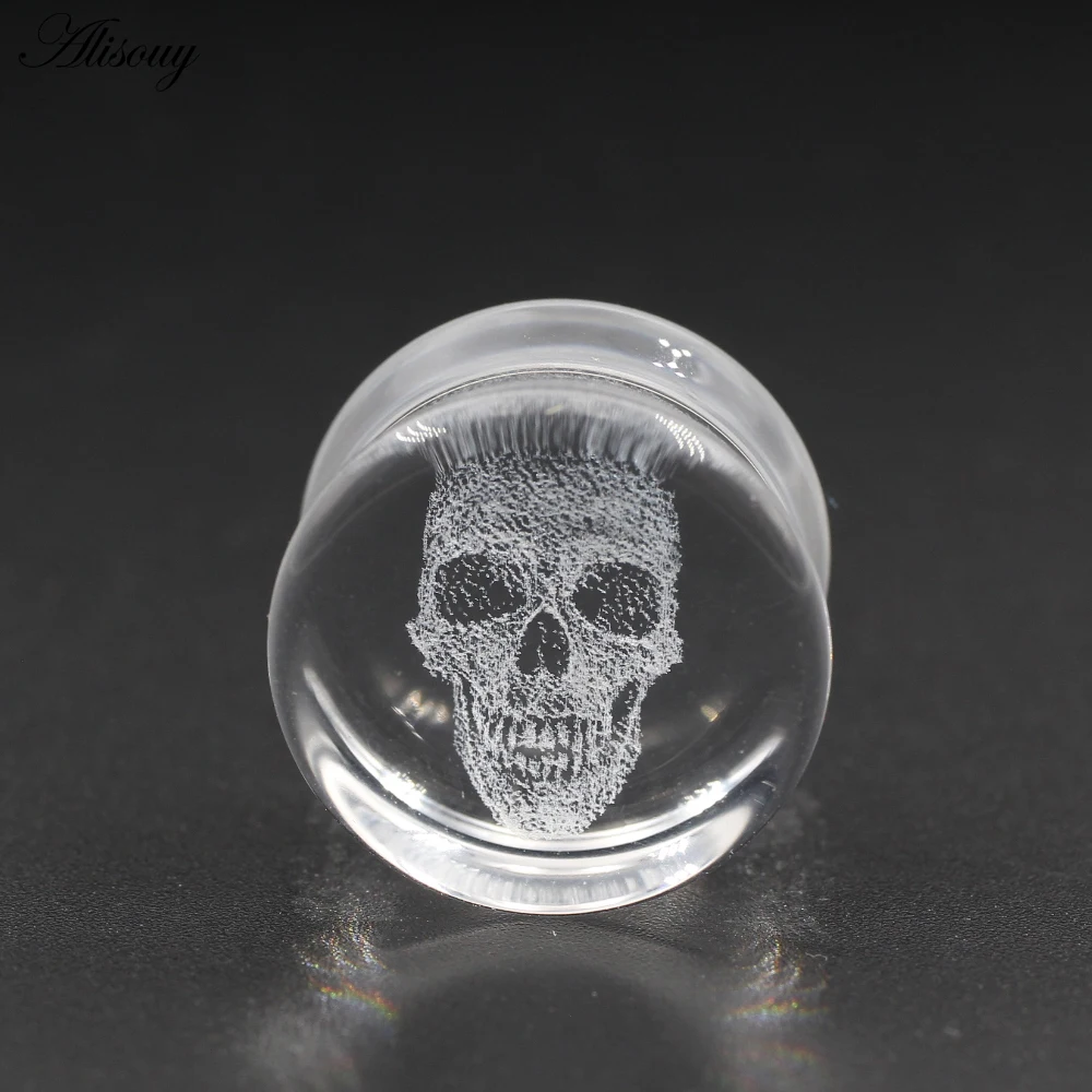 Alisouy 2PCS New Transparent Glass Skull Flared Ear Tunnels Plugs Flesh Stretcher Expander Gauges Earrings Piercing Body Jewelry